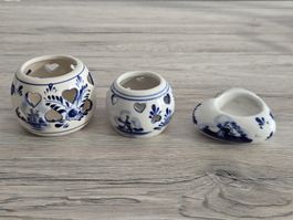3-tlg. Set Delft Blau Teelichter – Handbemalte Keramik