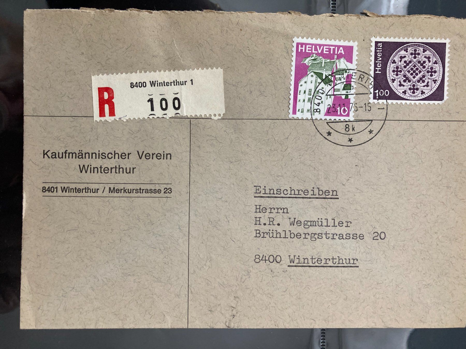 Alle Briefmarken: Schweiz 1976 R-Brief 1.10 MiF Winterthur – Gebraucht aus Winterthur von schnueps