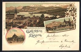 Litho Luzern, Ortsansicht und die Alpen,