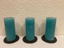 Kerzen 3er Set, je 14 x 6 cm, je 350g, minz-grün gefrostet
