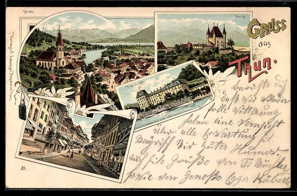 Ansichtskarten: Litho Thun, Blick auf Burg, Hotel Thuner – Gebraucht aus Berlin von bartko-reher