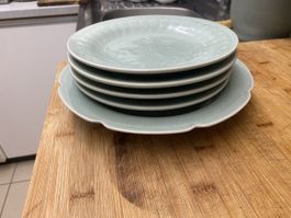Vintage Celadon Teller Set 5x jadegrün schwer 20,5/25,5 cm
