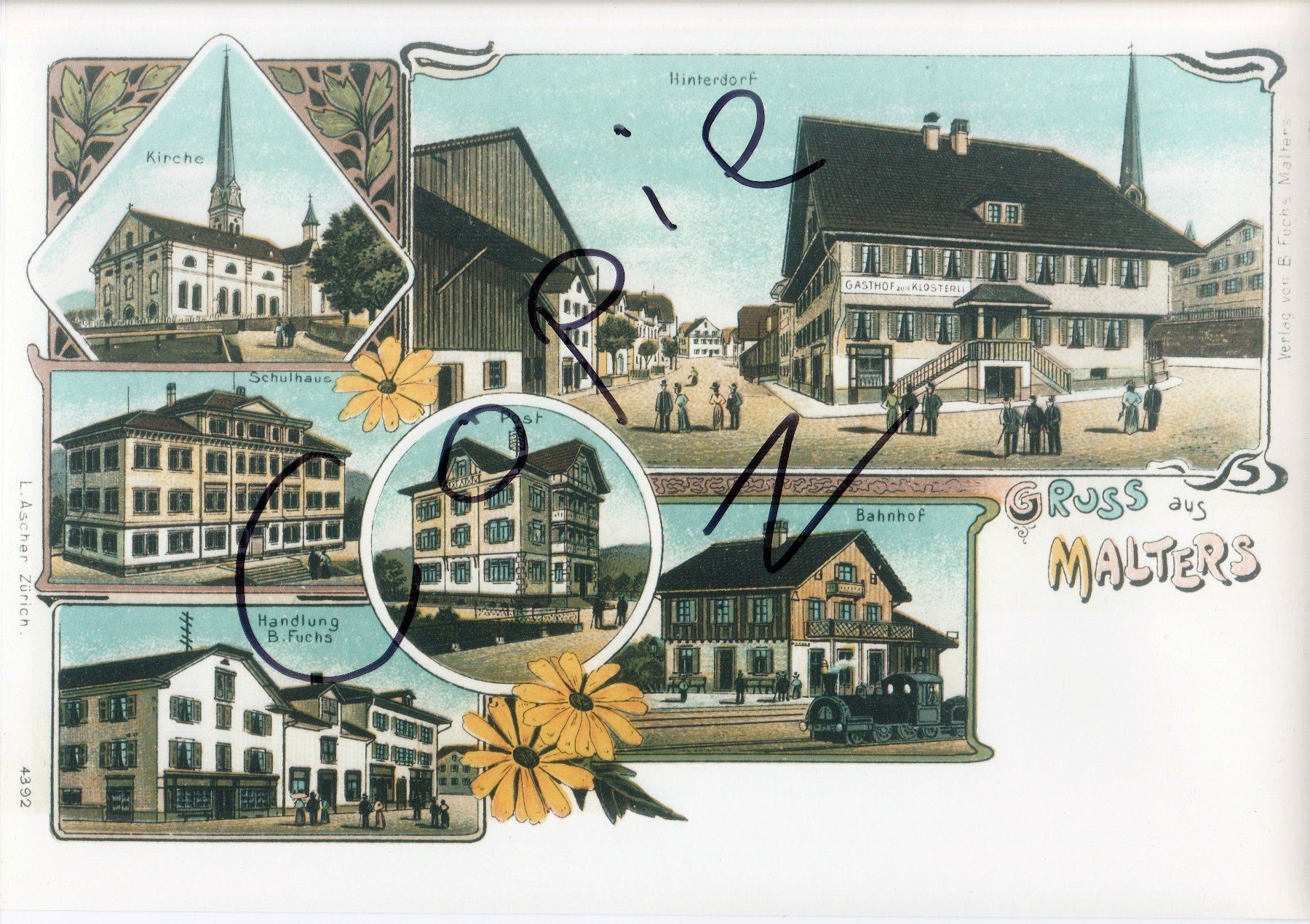 Ansichtskarten: Malters um 1900 – Gebraucht aus Fällanden von Blausegelfliege