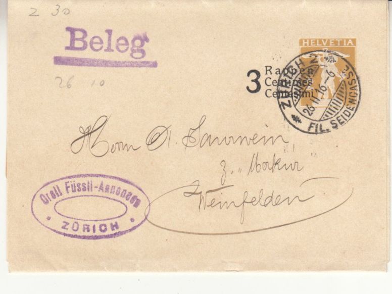 Tutti i francobolli: SGK SB 035 Zürich - Weinfelden – Usato da Bürglen TG venduto da StampGraf