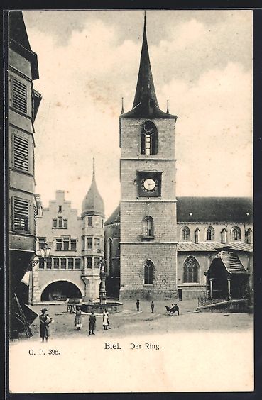 Cartoline postali: Biel, Strasse Ring mit Kirche und Brunne – Usato da Berlin venduto da bartko-reher