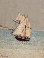tableau brodé signé Felicia bâteau