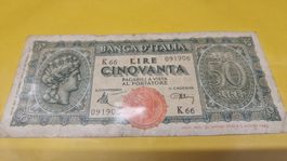 Italien 50 Lire Banknote, Vintage Sammlerstück, 1944