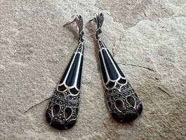 XL Ohrhänger opulent Art Deco Stil Silber Emaille Markasiten