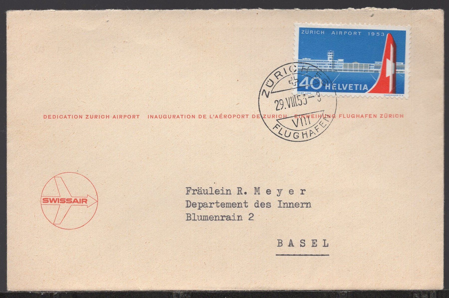 Tutti i francobolli: FDC Flughafen 1953    SWISSAIR - Kuvert – Usato da Aarau venduto da kufi44