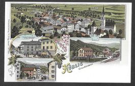 Küblis farbige Lithografie 4 Bilder mit Bahnhof Steinbock