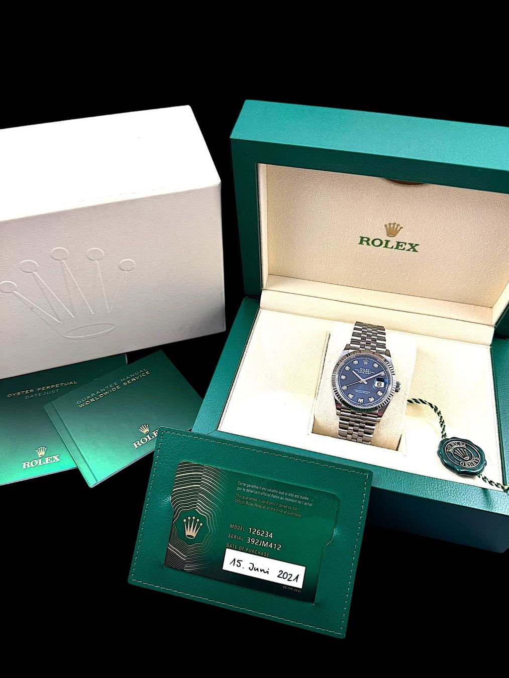 Rolex Uhren: Rolex Date Just Diamanten Stahl 36mm Fullset 2021 *U1112* – Gebraucht aus Zürich von GalerieInauen 1