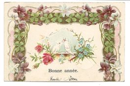 Neujahr - Bonne Année - Tauben - Liebesbrief - Präge-Litho