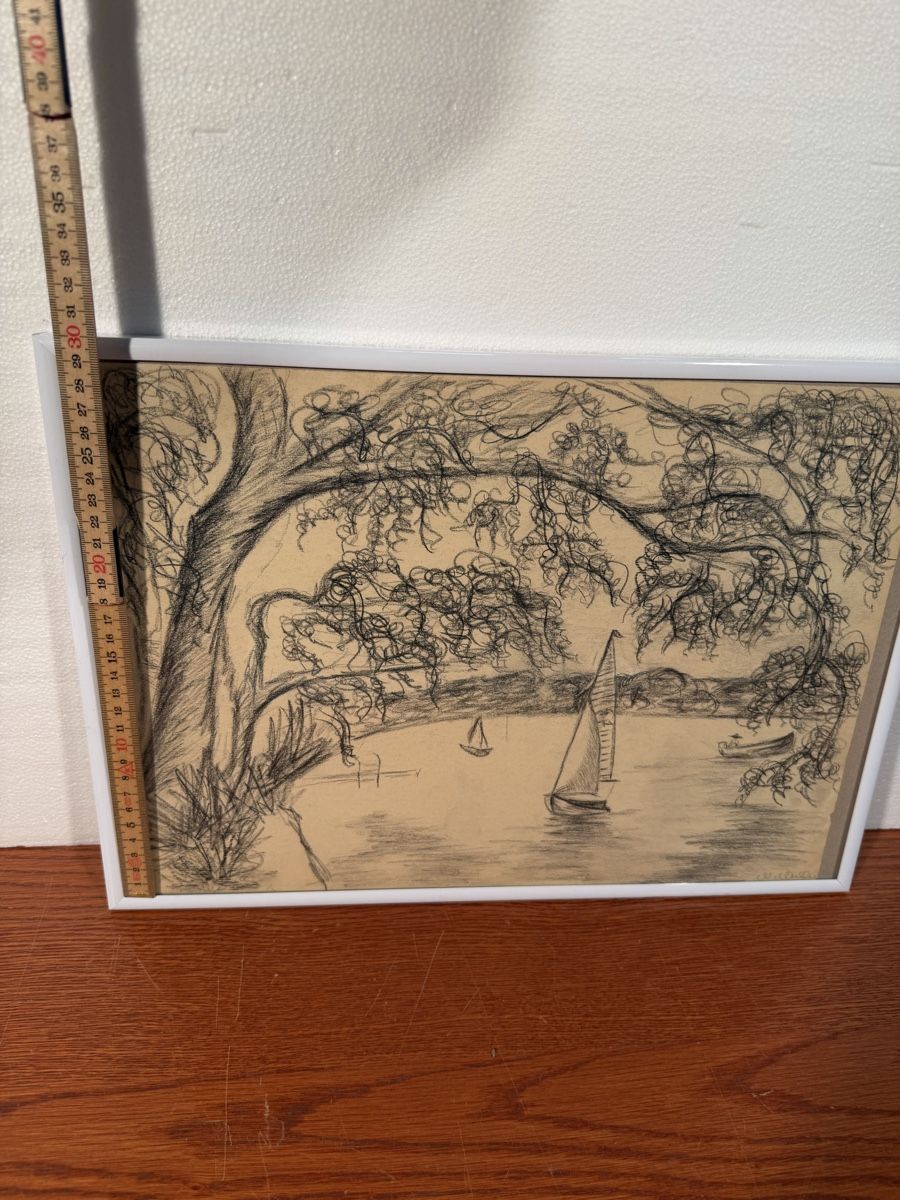 Dipinti: Framed Charcoal Drawing - Trees and Boats, signed Muller – Usato da Lausanne venduto da artnouveau05 5