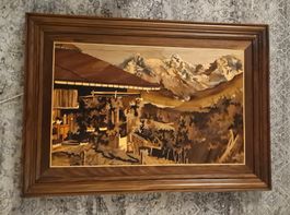 Intarsienbild Berglandschaft, sehr guter Zustand 102 x 73 cm