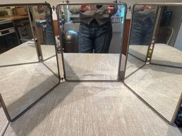 Large vintage Tri-Fold Mirror with Chain and Stand.