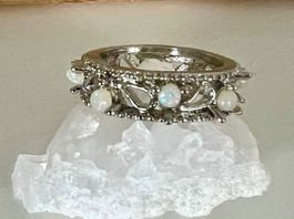 Silber 925 Band Ring 8 Opale in kunstvollem Rankendesign