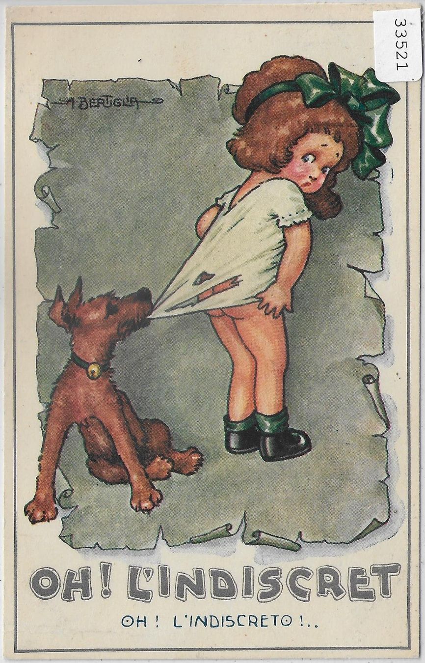 Cartoline postali: Oh! L'Indiscret - Mädchen mit Hund - A. Bertiglia – Usato da Ettingen venduto da Kartenplanet
