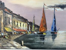 Gemälde, Hafenansicht mit Segelbooten, signiert P. Morei '71