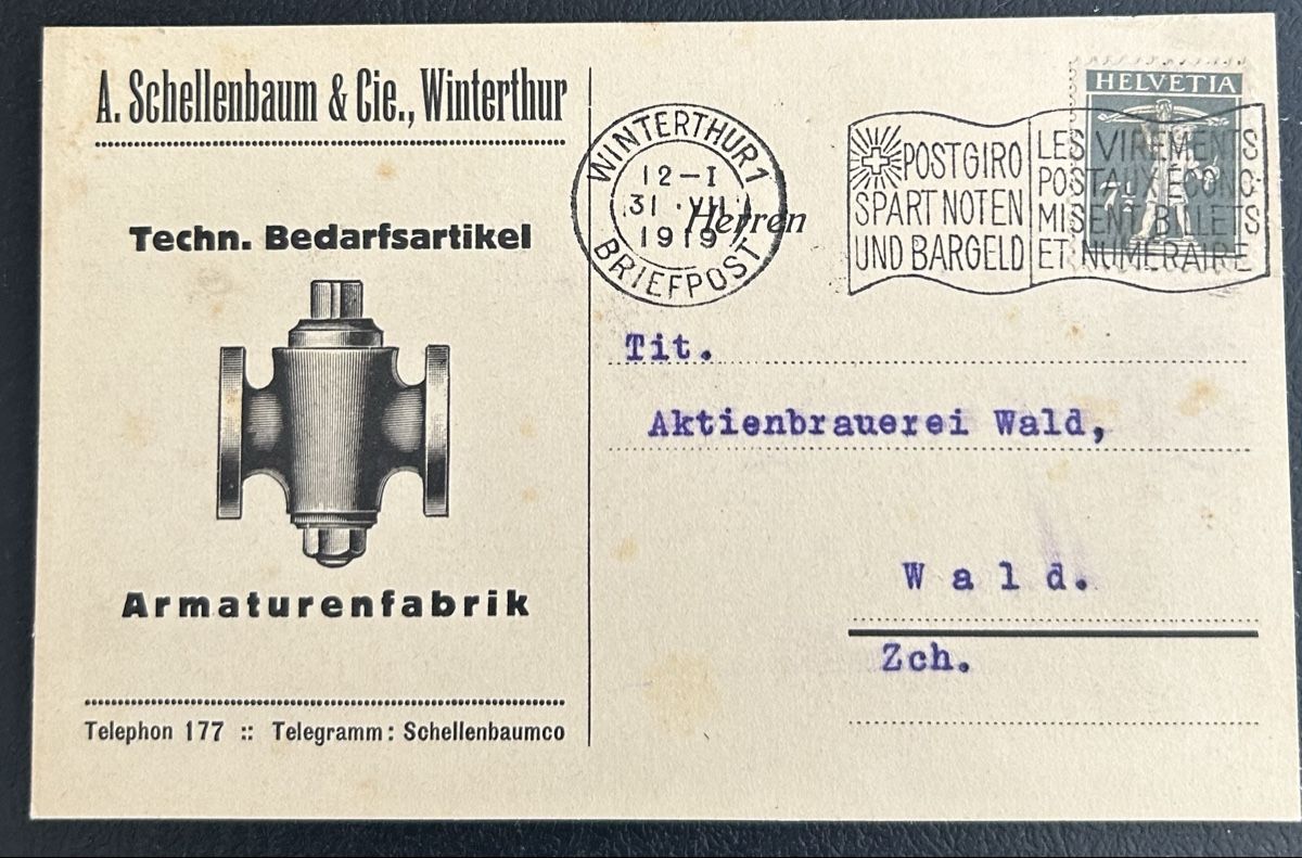Ansichtskarten: Firmenkarte Schellenbaum Winterthur  – Gebraucht aus Horw von Tellbub