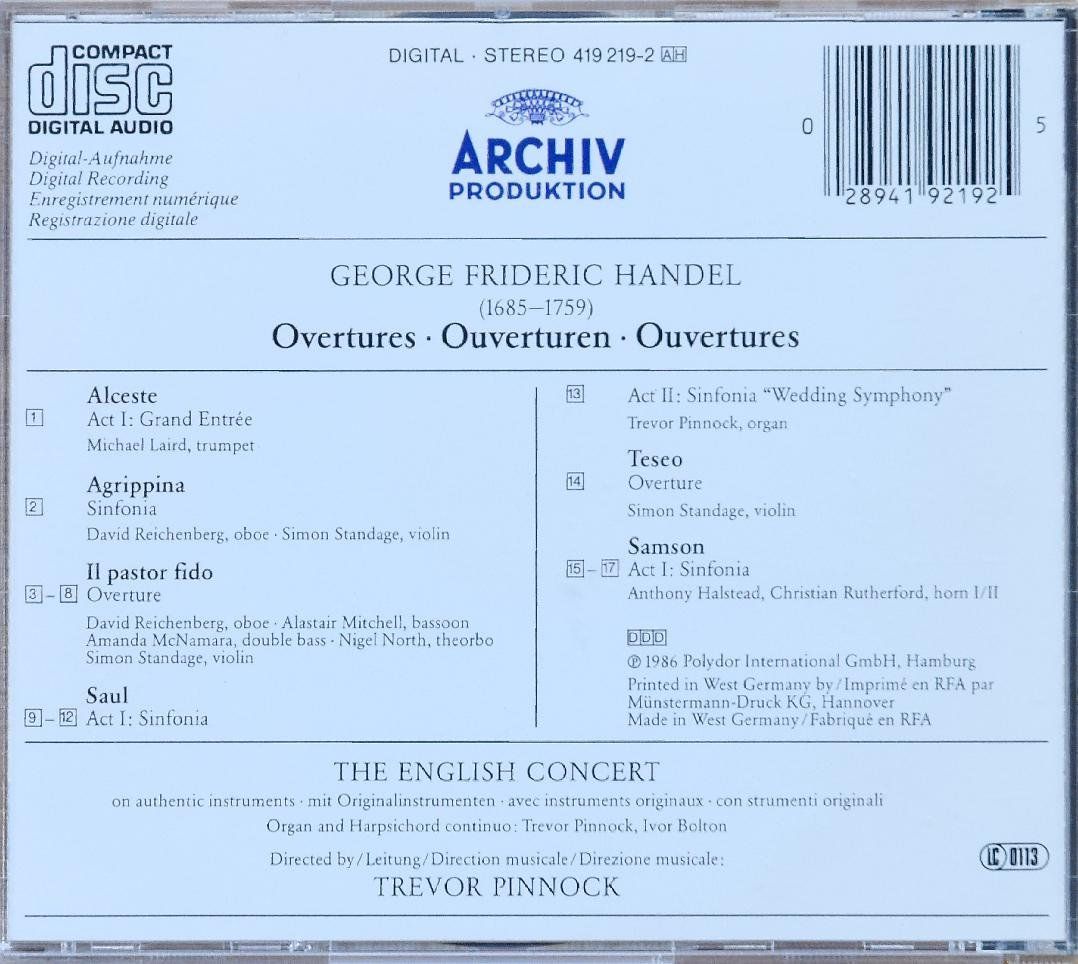CDs: Händel - Ouvertüren - TREVOR PINNOCK CD – Gebraucht aus Niederhelfenschwil von Rol9527 1