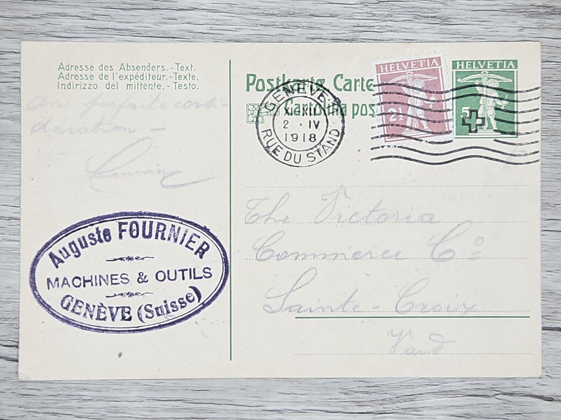 Tutti i francobolli: CL16 Carte Postale + Timbre Suisse 1918 – Usato da Cousset venduto da Patrick_Collections