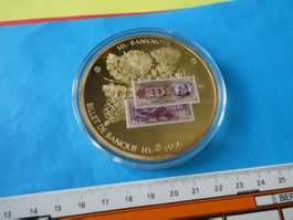 vergoldete  Medaille PP 70 mm, 10 Frankennote  1956