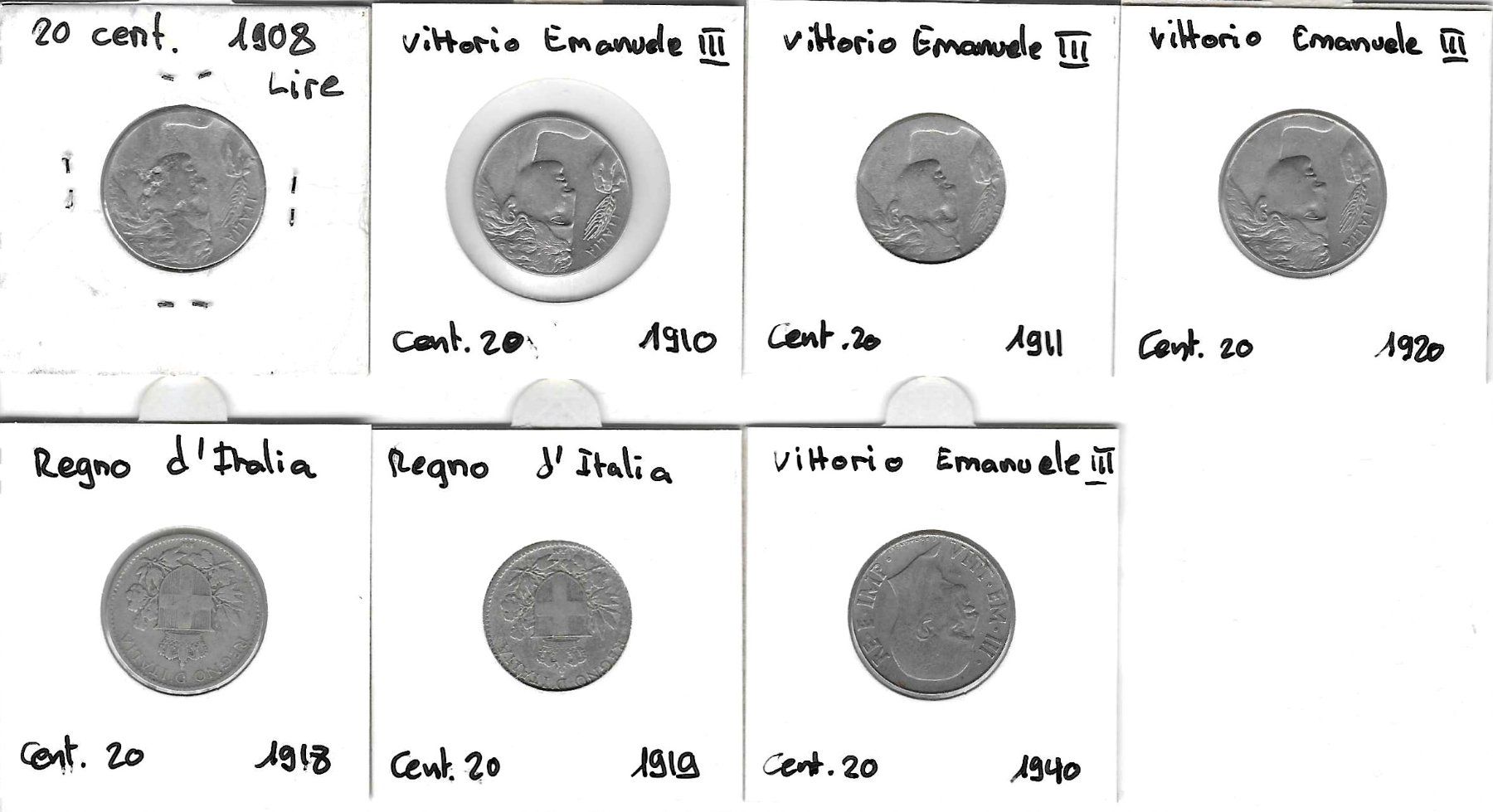 Tutti le monete: 7x 20 centesimi italia - 1908-1940 – Usato da Tavannes venduto da Zitume 1