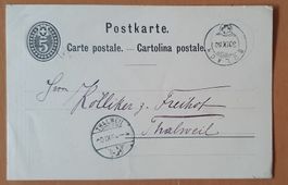 Ganzsache 1880 Bülach nach Thalwil, mit Zudruck