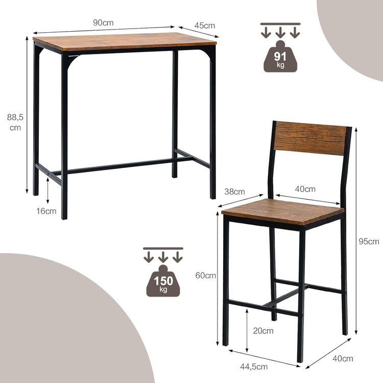 Bartisch Set, Esstisch mit 2 Barstühlen, 2