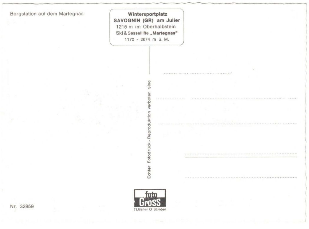 Cartoline postali: Savognin - Skilift Martegnas – Usato da Binningen venduto da Mountainrider 1