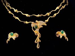 Bijoux or émeraudes diamants, collier + boucles oreilles