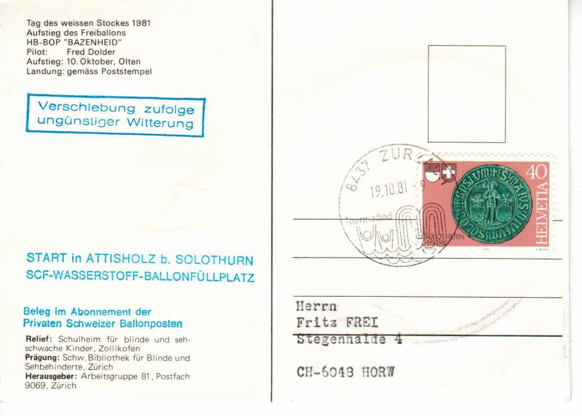 Alle Briefmarken: Relief Ballonpostkarte - Blindenschrift – Gebraucht aus Wolhusen von Curver9 1