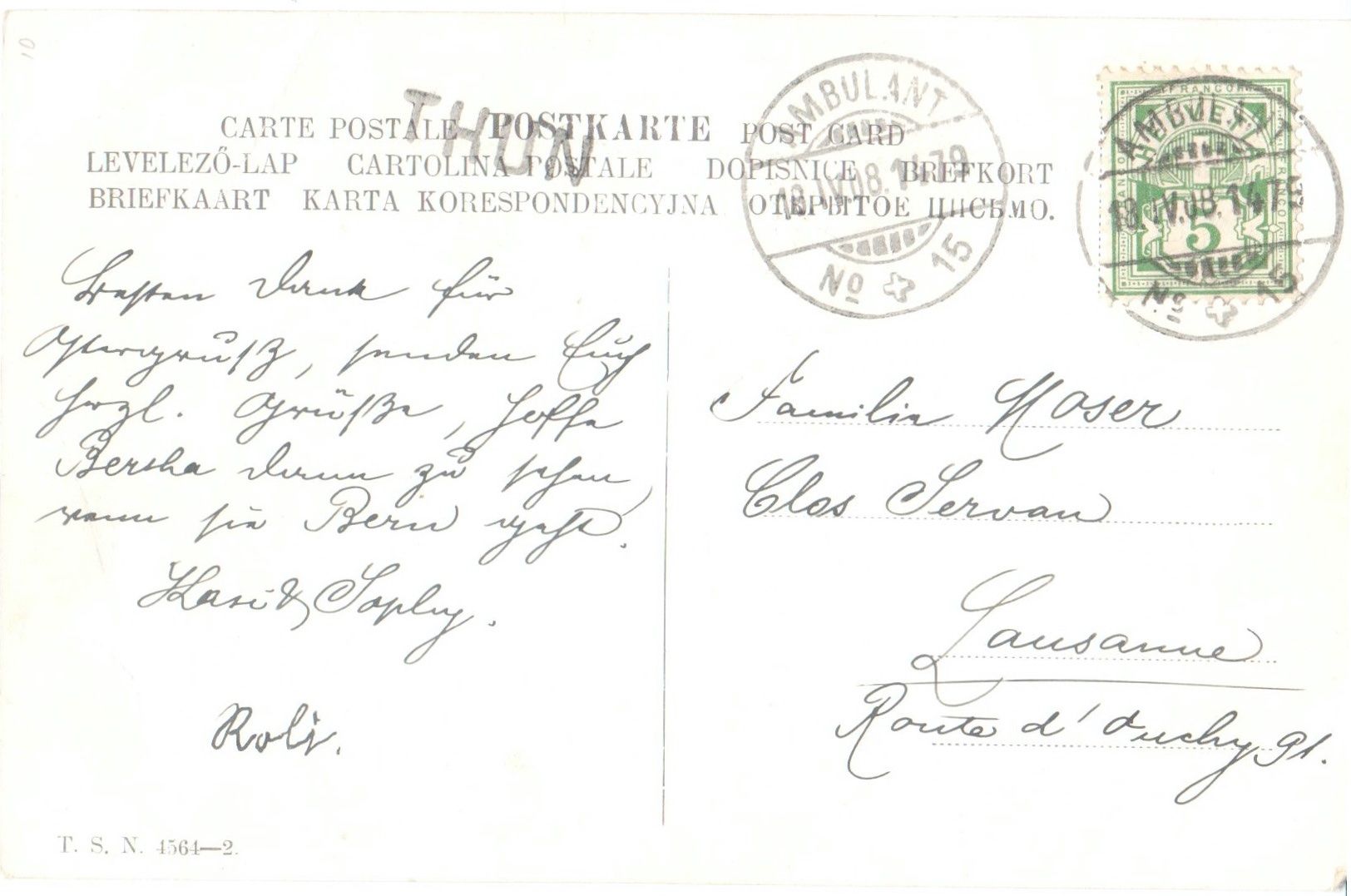 Ansichtskarten: THUN 1908 - Stabstempel über AK - Oblitération linéaire – Gebraucht aus Chavornay von 4dphila 1