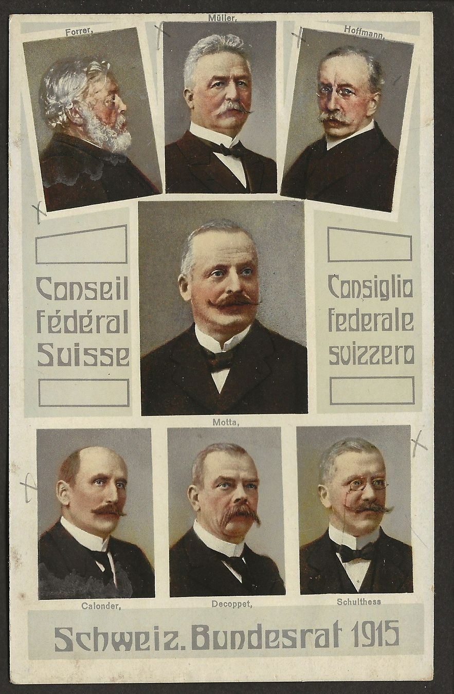 Cartoline postali: 1915 Bundesrat Forrer Müller Hoffmann Motta Schulthess – Usato da Müswangen venduto da buyin
