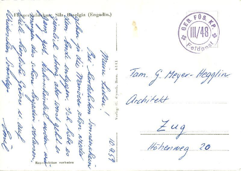 Cartoline postali: Sils - Flugaufnahme + 1959 Feldpost – Usato da Emmenbrücke venduto da teestube 1