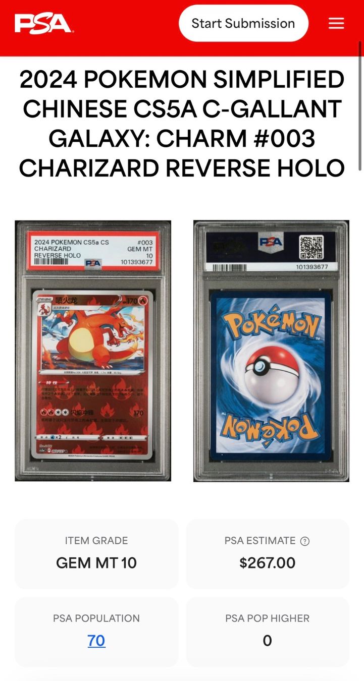Pokémon Carte collezionabili: Charizard 003/127 Rev Holo CS5A - PSA 10 - CHI – Nuovo (secondo la descrizione) da Chêne-Bougeries venduto da Carte-Sauvage 2