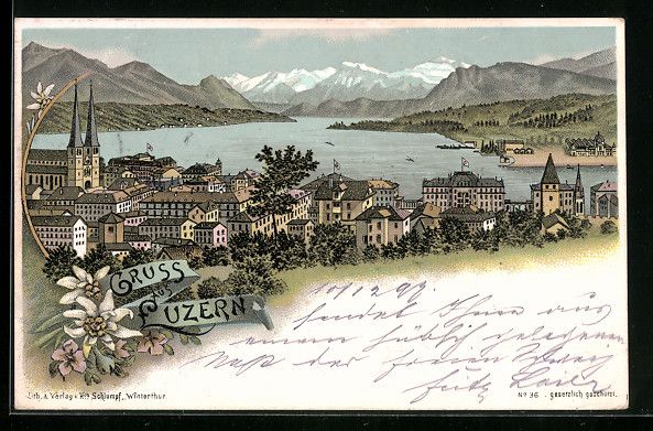 Ansichtskarten: Litho Luzern, Teilansicht mit Hotel – Gebraucht aus Berlin von bartko-reher