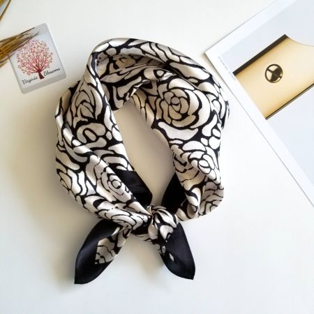 New 53cm 100% Silk Scarf, Camellia Flower Black White Scarf