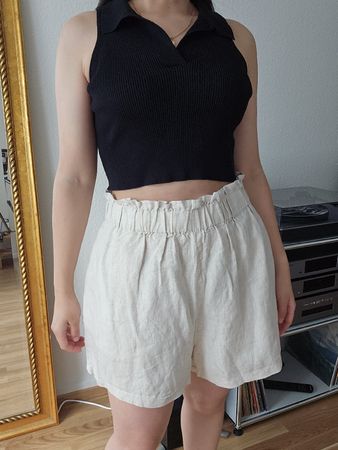Hellbeige 100% Leinen Shorts High Waist Paperbag L gross