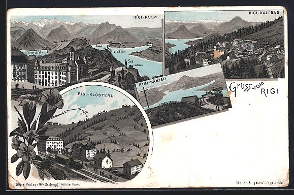 Cartoline postali: Litho Rigi, Blick auf die Stadt mit Bahn – Usato da Berlin venduto da bartko-reher