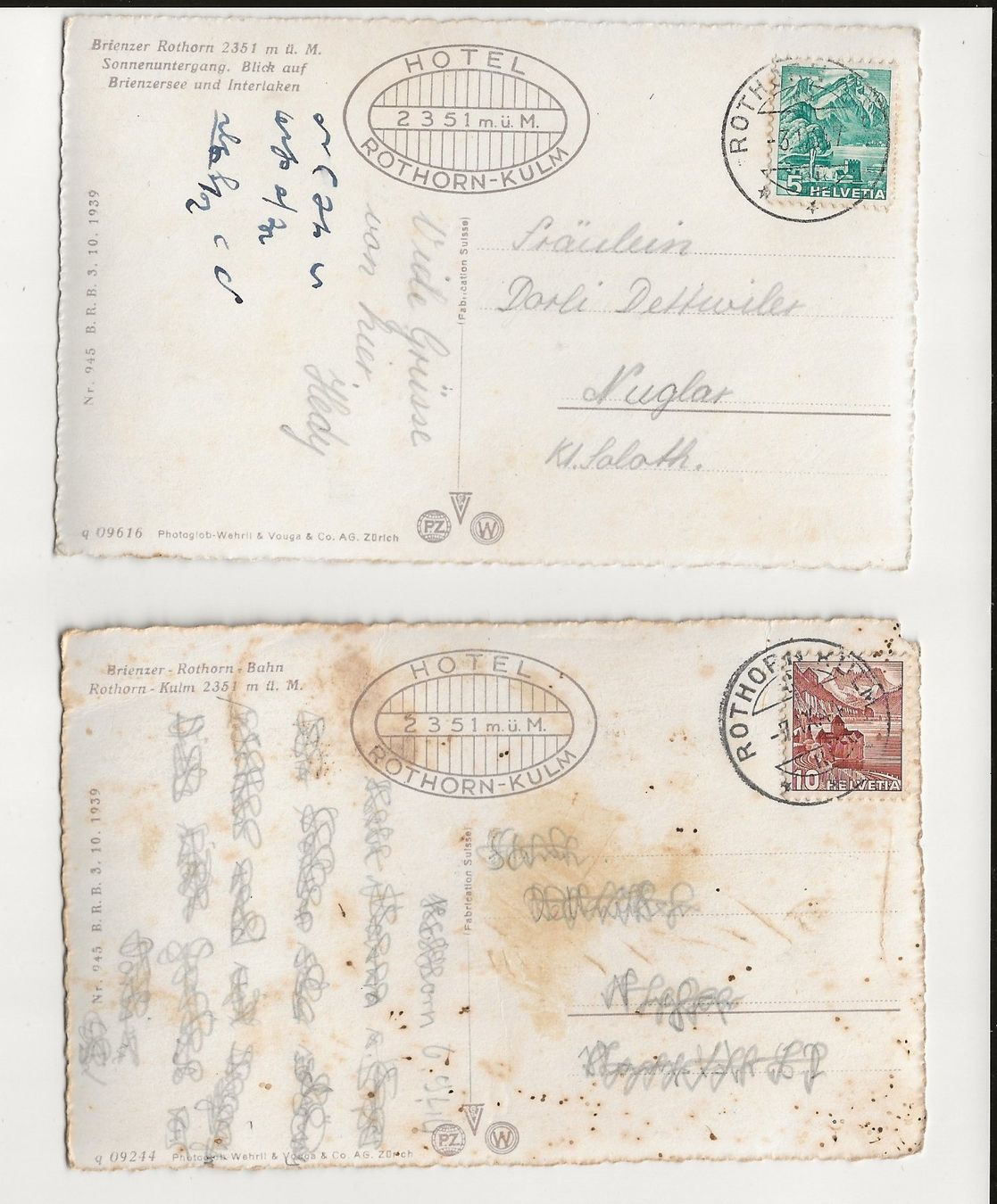 Cartoline postali: 2 x AK 1941 / 1947 Brienzer Rothorn Bahn – Usato da Greifensee venduto da 315WDO 1