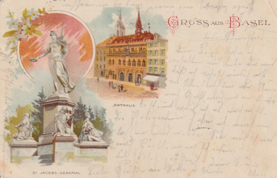 Cartoline postali: CH 252 Gruss aus Basel, Rathaus, St. Jacobs Denkmal, 1900 – Usato da Freienbach venduto da Bhaltis