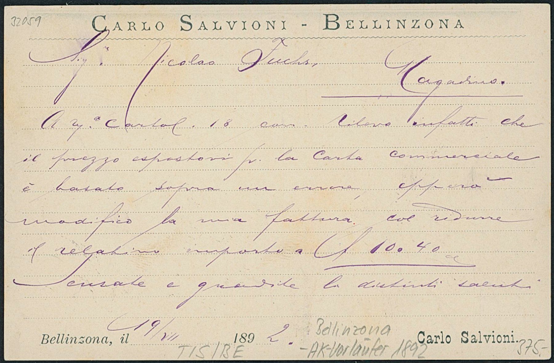Cartoline postali: TIS Bellinzona - Litho - AK Vorläufer 1892 – Usato da Schindellegi venduto da leecollect 1