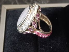Bague XXL en argent avec pierre nacrée et zircons roses T51!