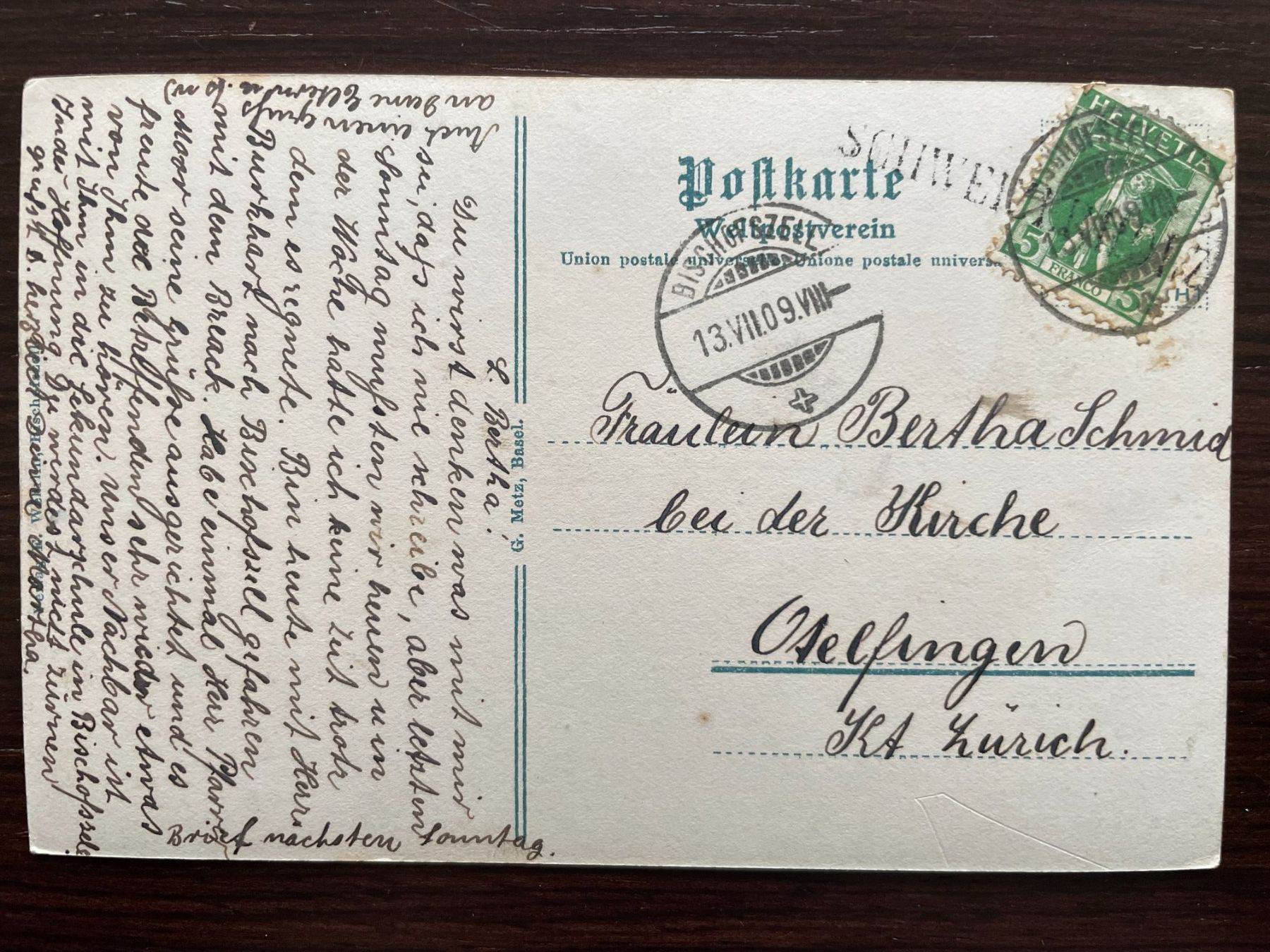 Cartoline postali: BISCHOFSZELL Kirche, STABSTEMPEL SCHWEIZERHOLZ, 1909 – Usato da Wald ZH venduto da TLILEF 1