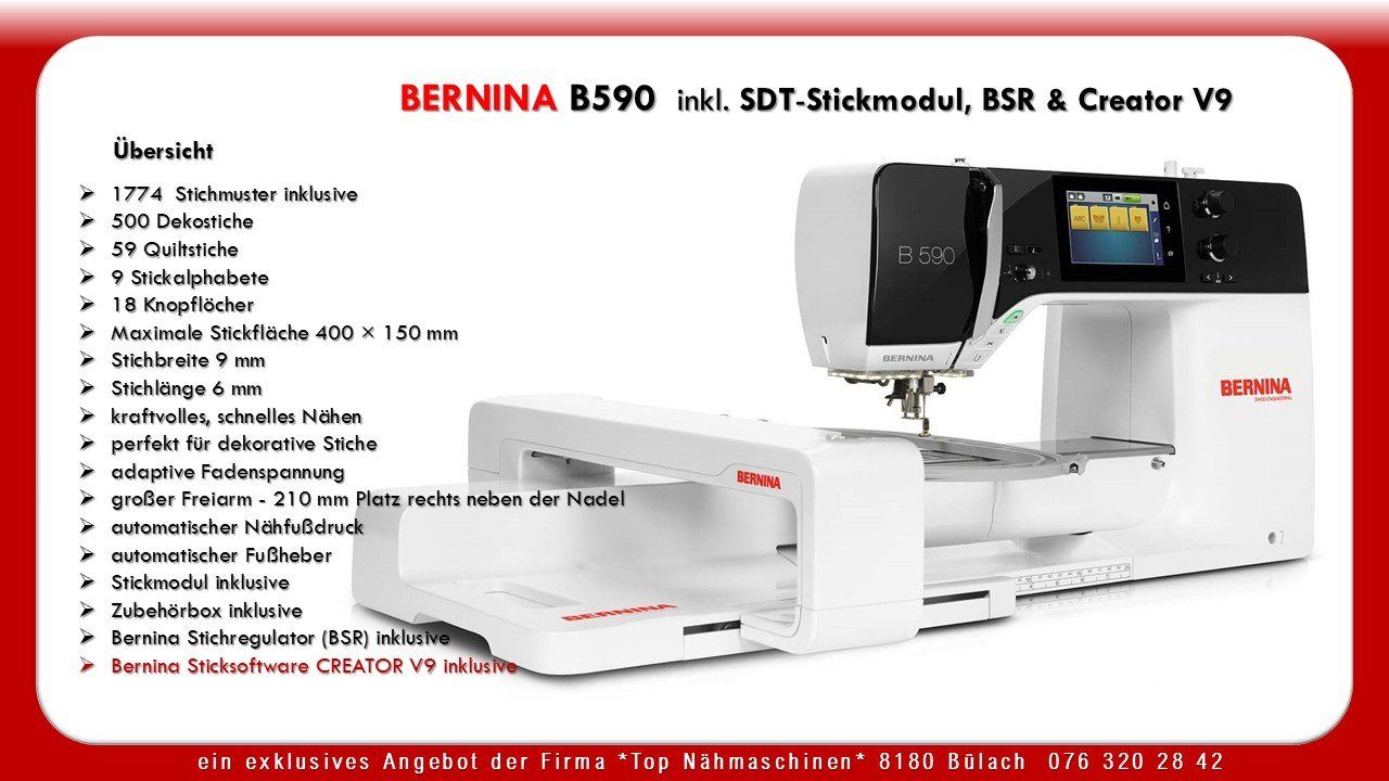 Bernina Macchine da cucire: Bernina 590 inkl. SDT- Stickmodul & Creator V9 – Nuovo e nell'imballaggio originale da Bülach venduto da topnaehmaschinen 1