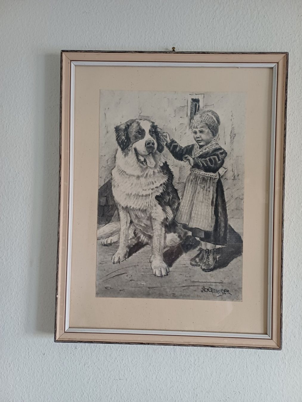 Tableaux: Gemälde Bernhardiner Hund mit kleinen Mädchen Technik mixte – D'occasion à Marly par Rolmax 8