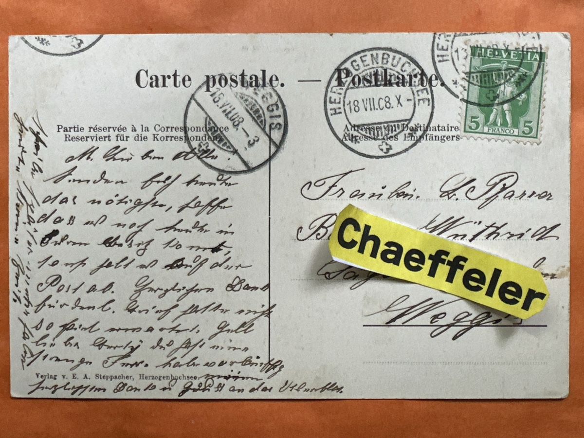 Cartoline postali: Antike Ansichtskart Herzogenbuchsee, gelaufen 1908 – Usato da Zürich venduto da Chaeffeler 1