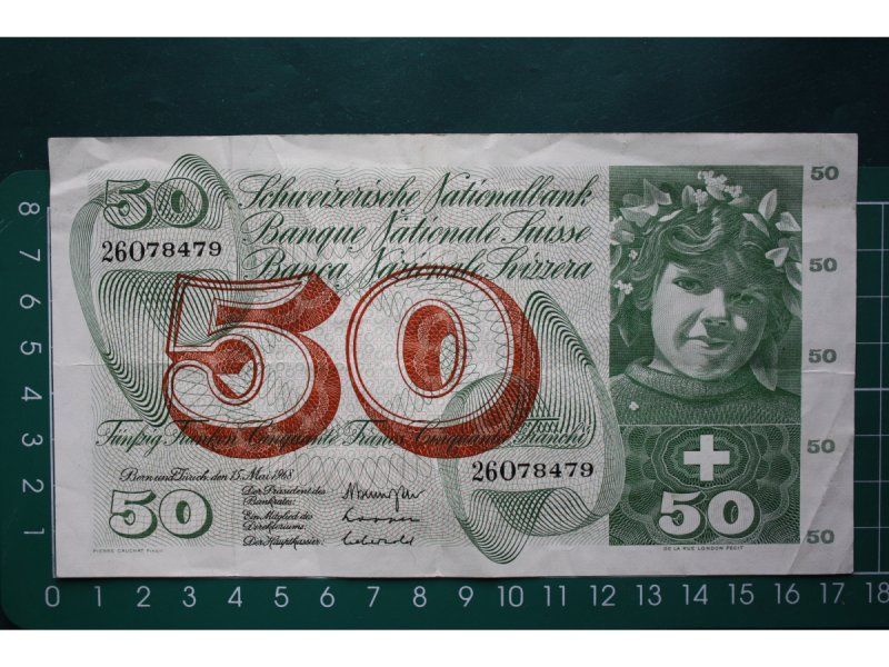 Banconote: apfelernte banknote 50 franken 1968 – Usato da Laupen BE venduto da Gufi57