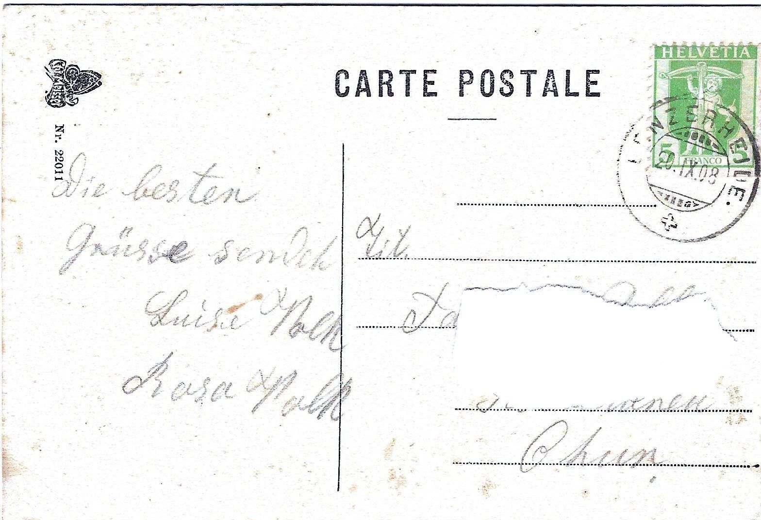 Ansichtskarten: Lenzerheide (Inselchâlet), alt, gestempelt 1908 – Gebraucht aus Buchs AG von Baerfisch 1
